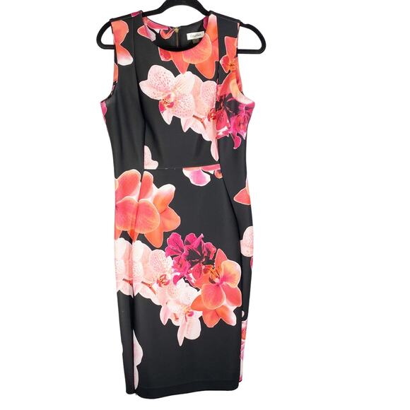 Calvin Klein Dresses & Skirts - Calvin Klein Floral Dress Fitted Black Scuba Sleeveless Womens Size 10